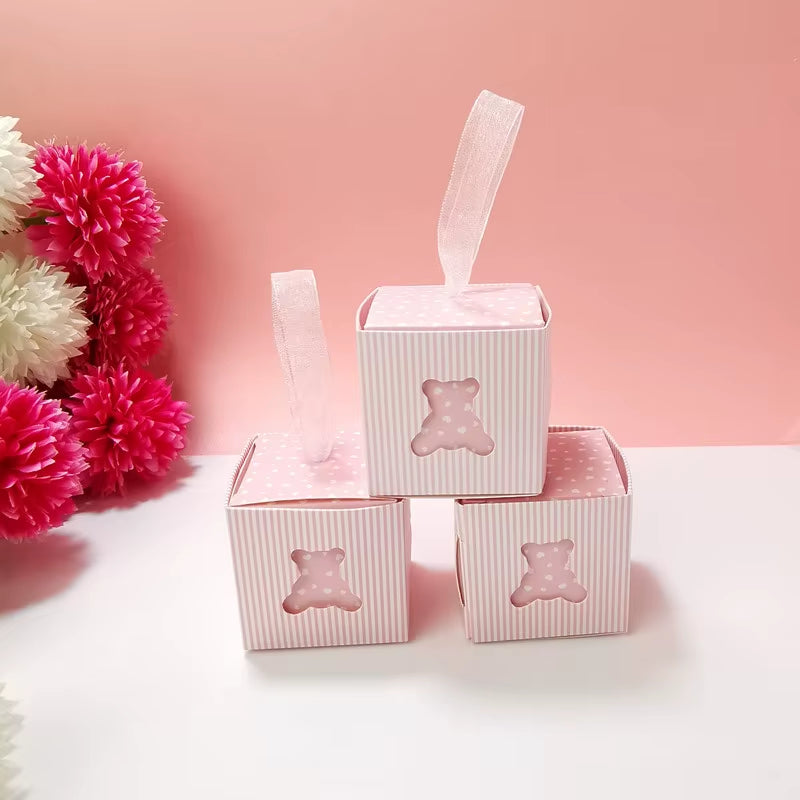 10Pcs Cute Hollow Out Bear Candy Box with Ribbons for Kids Birthday Party Favors Box Gender Reveal Baby Shower Party Decoration
