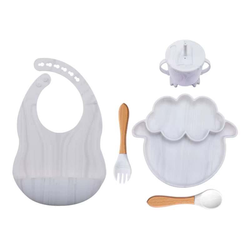 5Pcs Baby Feeding Bowl Sets Kids Silicone Non-Slip Tableware Dinner Plate with Bibs Cup Spoon Fork Dinnerware for Children