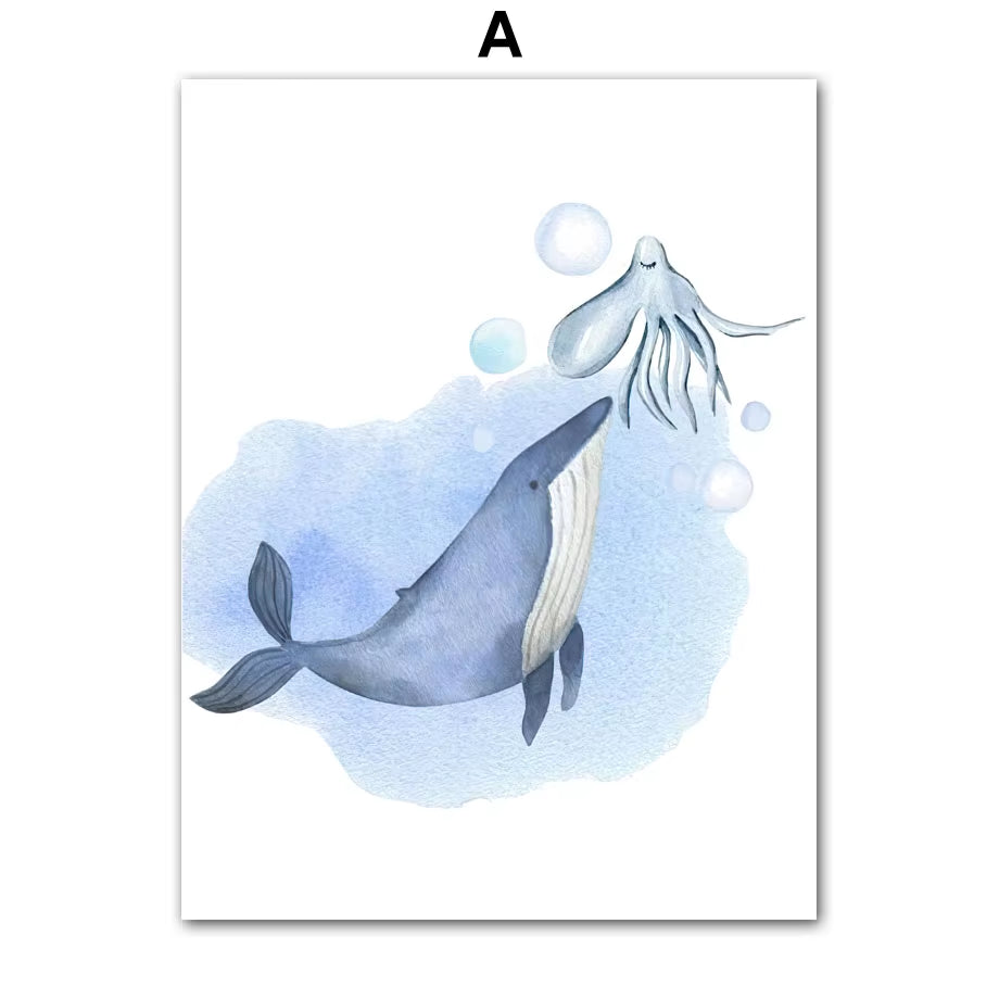 Cartoon Marine Animals Dolphins Sharks Whales Wall Art Canvas Painting Nordic Posters and Prints Pictures Baby Kids Room Decor