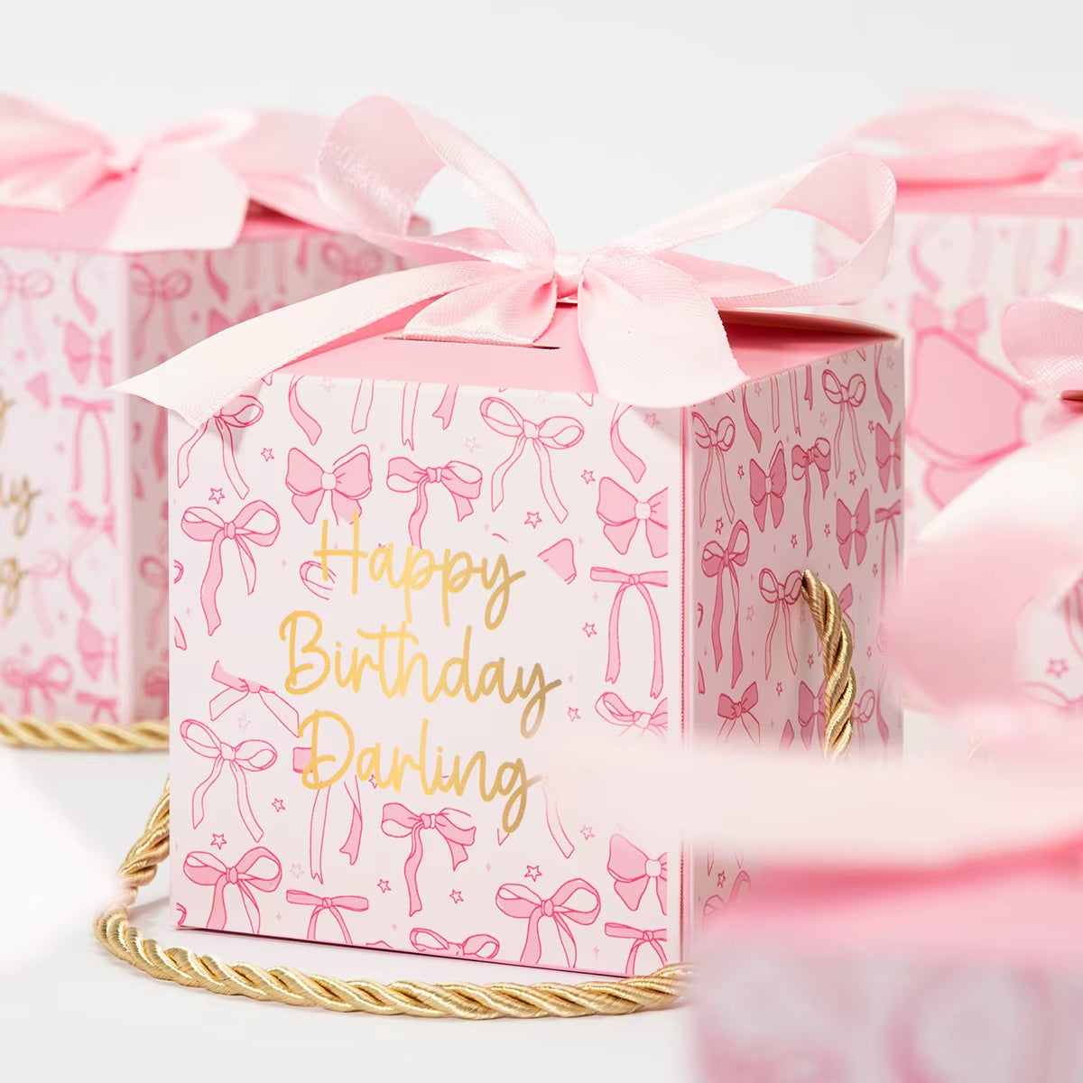 10Pcs Sweet Pink Bow Theme Portable Candy Cookie Boxes Gift Packing Boxes for Kids Birthday Baby Shower Wedding Party Decoration