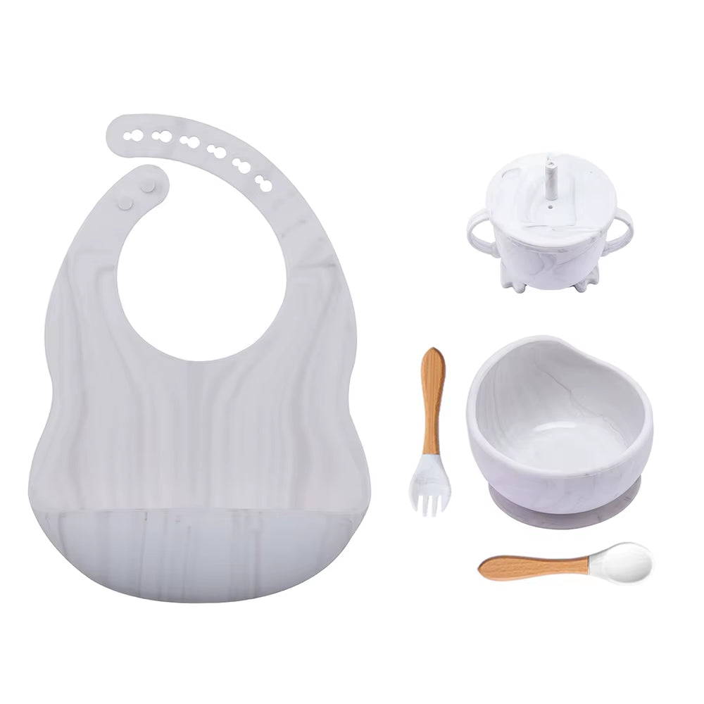 5Pcs Baby Feeding Bowl Sets Kids Silicone Non-Slip Tableware Dinner Plate with Bibs Cup Spoon Fork Dinnerware for Children