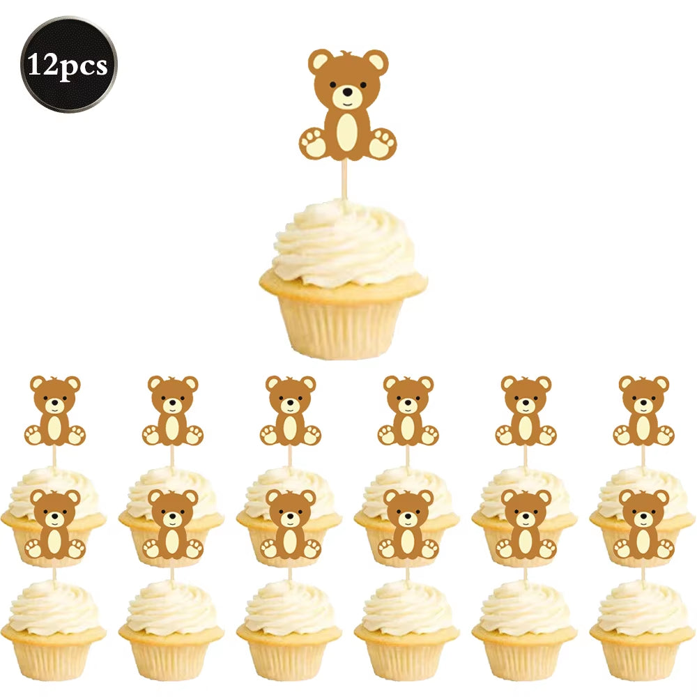 Bear Theme Disposable Tableware Cartoon Brown Bear Banner Plate Napkin Cup Tablecloth Teddy Bear Theme Birthday Party Baby Party