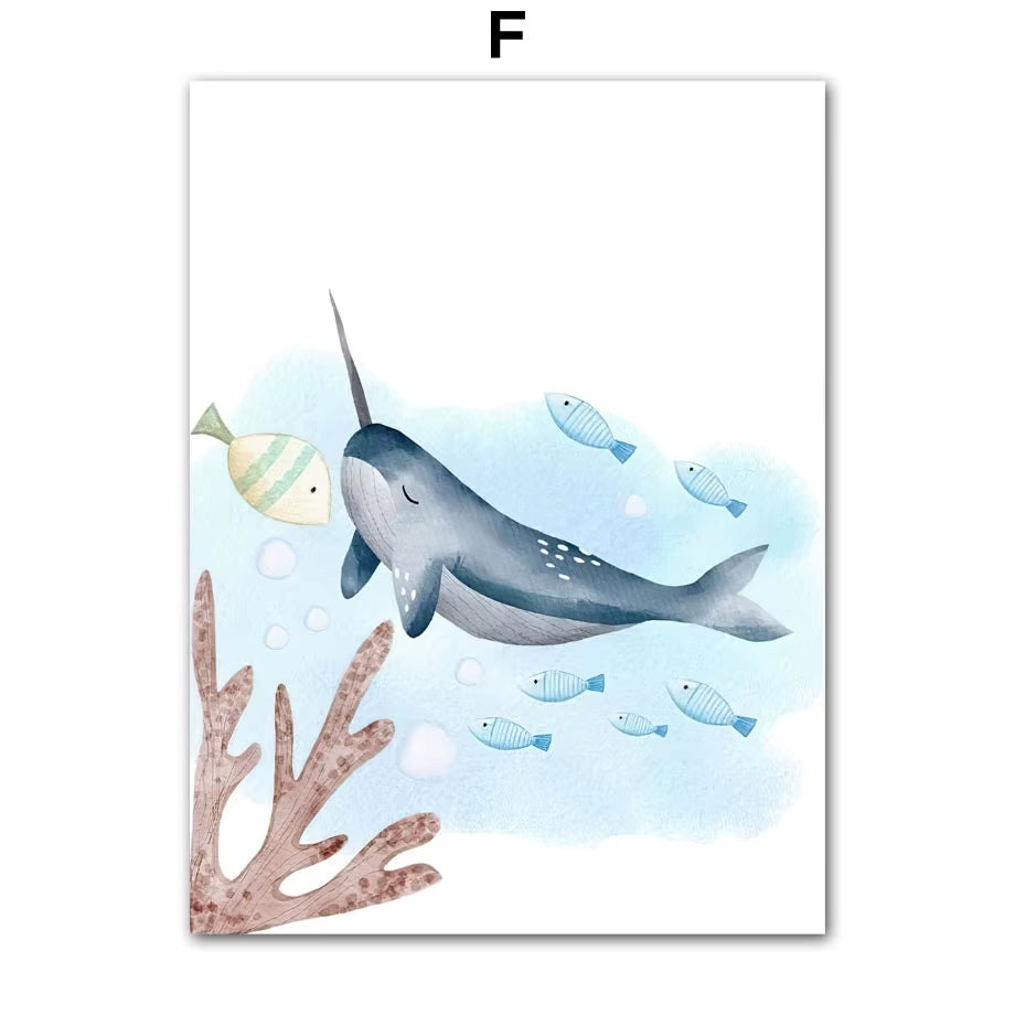 Cartoon Marine Animals Dolphins Sharks Whales Wall Art Canvas Painting Nordic Posters and Prints Pictures Baby Kids Room Decor