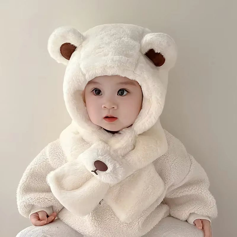Winter Warm Furry Baby Hat with Scarf Set Cute Cartoon Bear Toddler Ear Protection Hat with Scarf Thicken Plush Warm Infant Hats