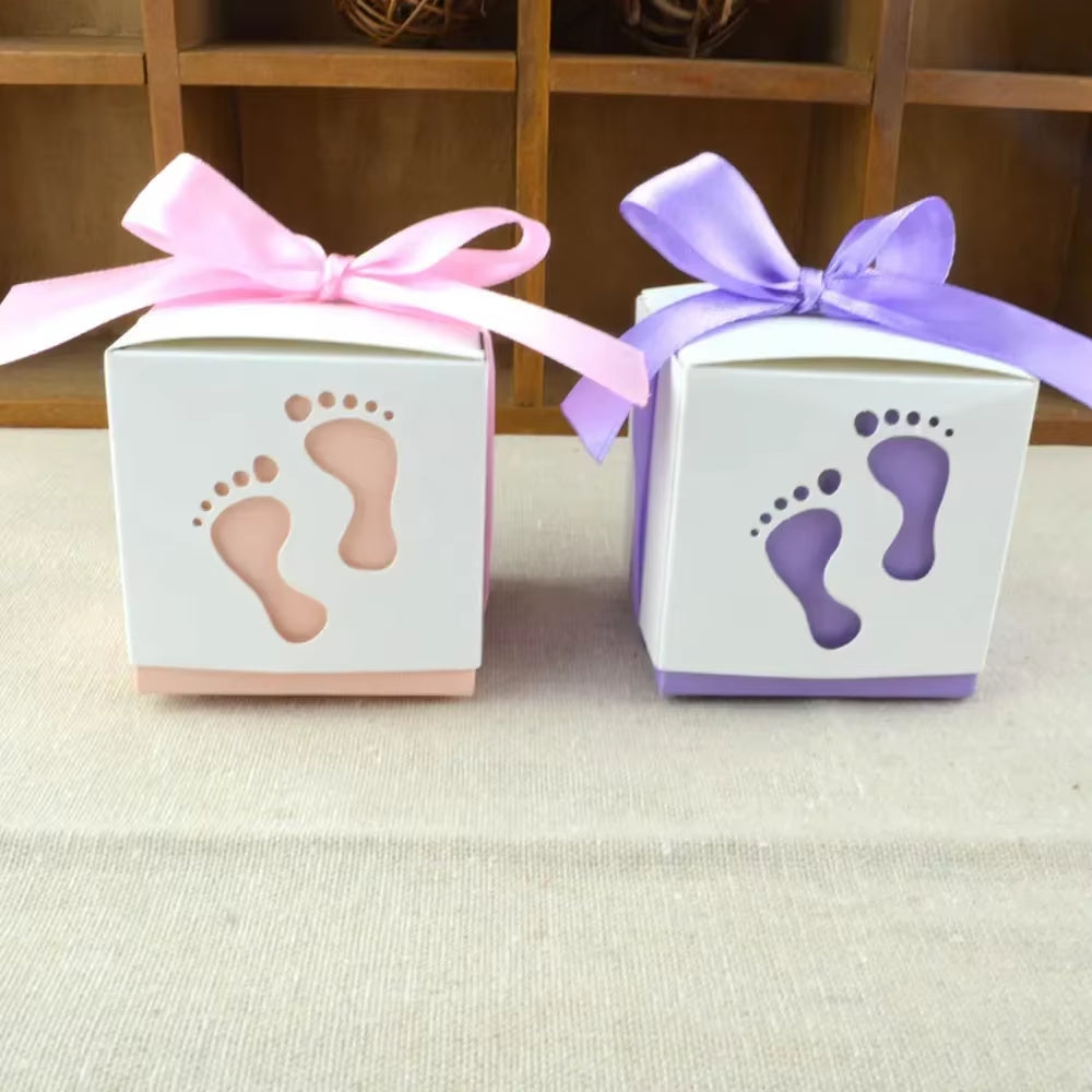 10Pcs Cute Baby Foot Footprints Candy Box with Ribbon Gift Packaging Boxes for Gender Reveal Baby Shower Birthday Party Decor