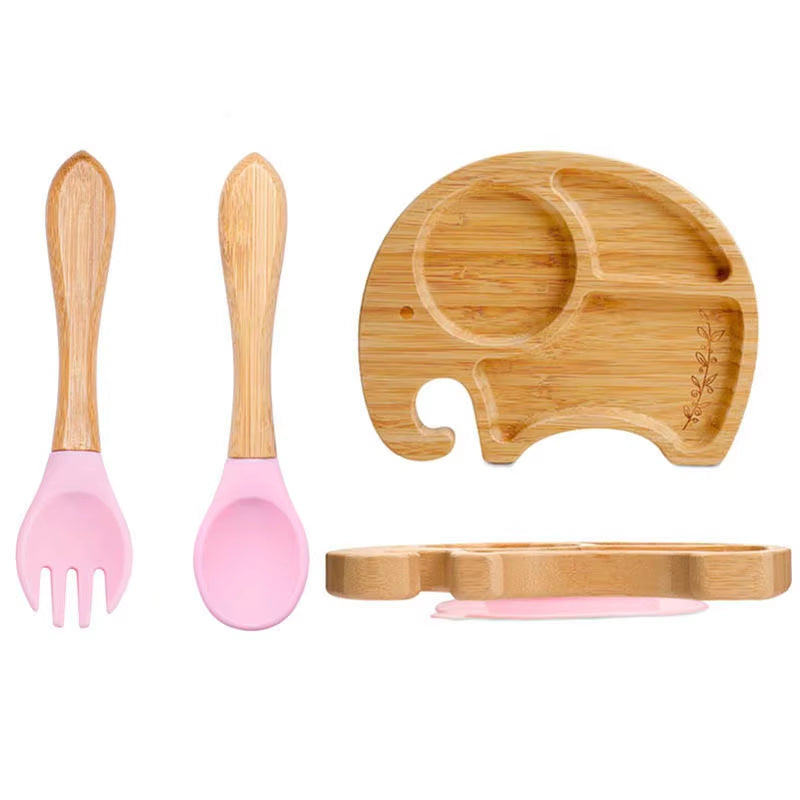 3Pcs Baby Bamboo Plate Silicone Suction Kids Wooden Feeding Tableware Non-Slip Dinnerware Baby Tableware for Baby Birthday Gift
