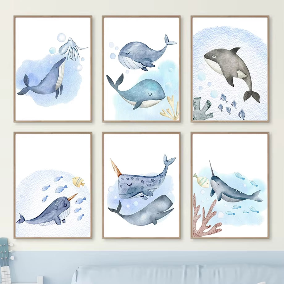 Cartoon Marine Animals Dolphins Sharks Whales Wall Art Canvas Painting Nordic Posters and Prints Pictures Baby Kids Room Decor