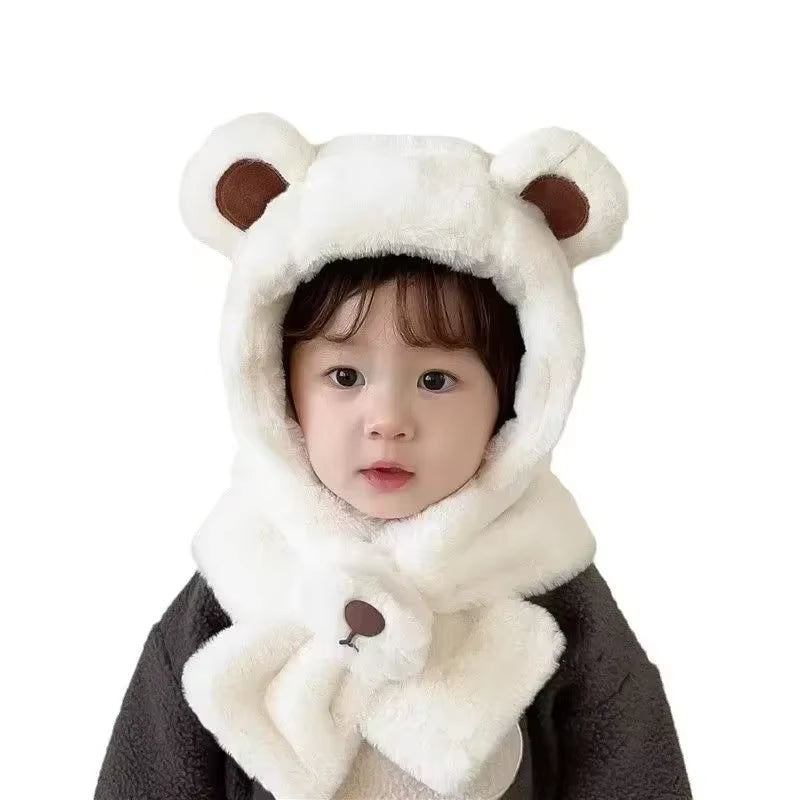 Winter Warm Furry Baby Hat with Scarf Set Cute Cartoon Bear Toddler Ear Protection Hat with Scarf Thicken Plush Warm Infant Hats