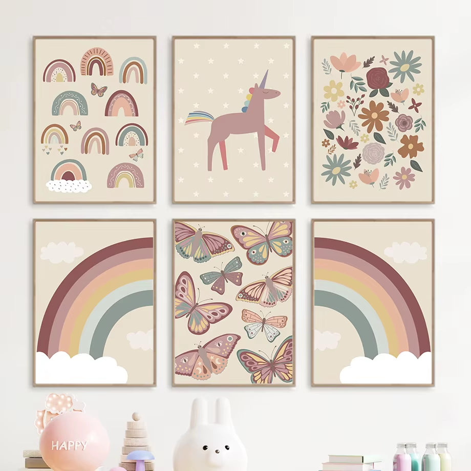 Sun Rainbow Butterfly Unicorn Flower Wall Art Canvas Painting Nordic Posters and Prints College Apartment Kids Girl'S Room Decor