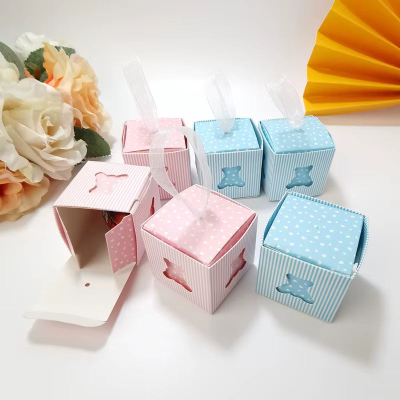 10Pcs Cute Hollow Out Bear Candy Box with Ribbons for Kids Birthday Party Favors Box Gender Reveal Baby Shower Party Decoration