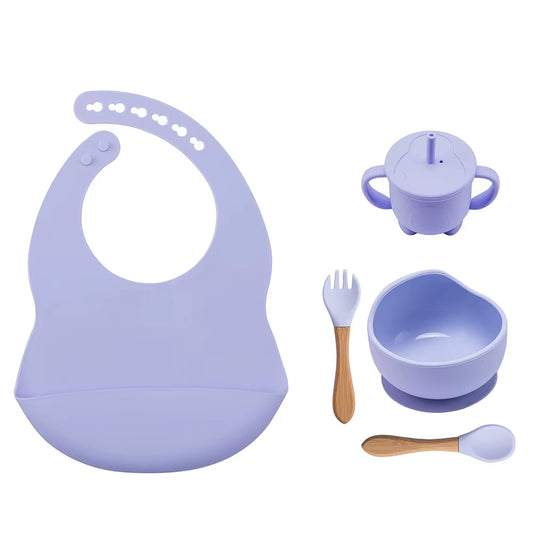 5Pcs Baby Feeding Bowl Sets Kids Silicone Non-Slip Tableware Dinner Plate with Bibs Cup Spoon Fork Dinnerware for Children