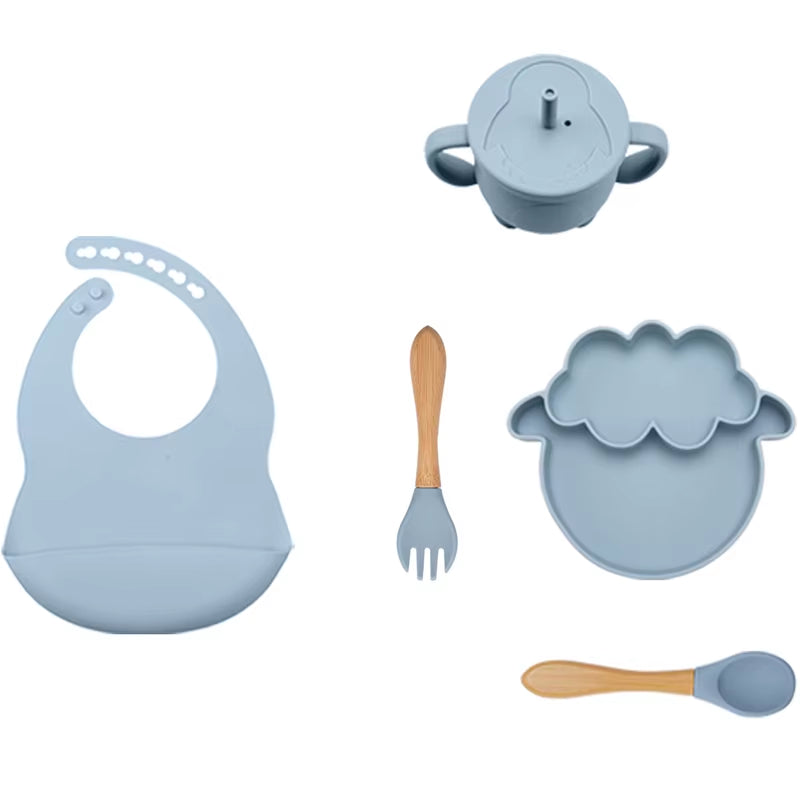 5Pcs Baby Feeding Bowl Sets Kids Silicone Non-Slip Tableware Dinner Plate with Bibs Cup Spoon Fork Dinnerware for Children