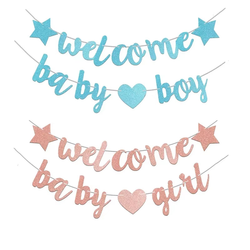 Glitter Welcome Baby Girl Boy Banner Flags Gender Reveal Party Garland for Baby Shower Birthday Party Decoration Photo Props