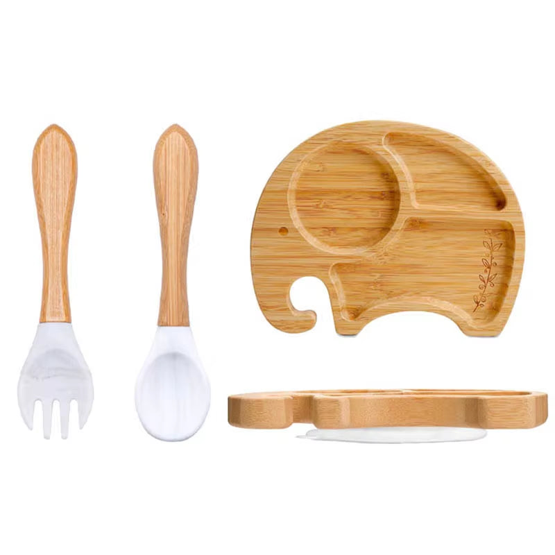 3Pcs Baby Bamboo Plate Silicone Suction Kids Wooden Feeding Tableware Non-Slip Dinnerware Baby Tableware for Baby Birthday Gift