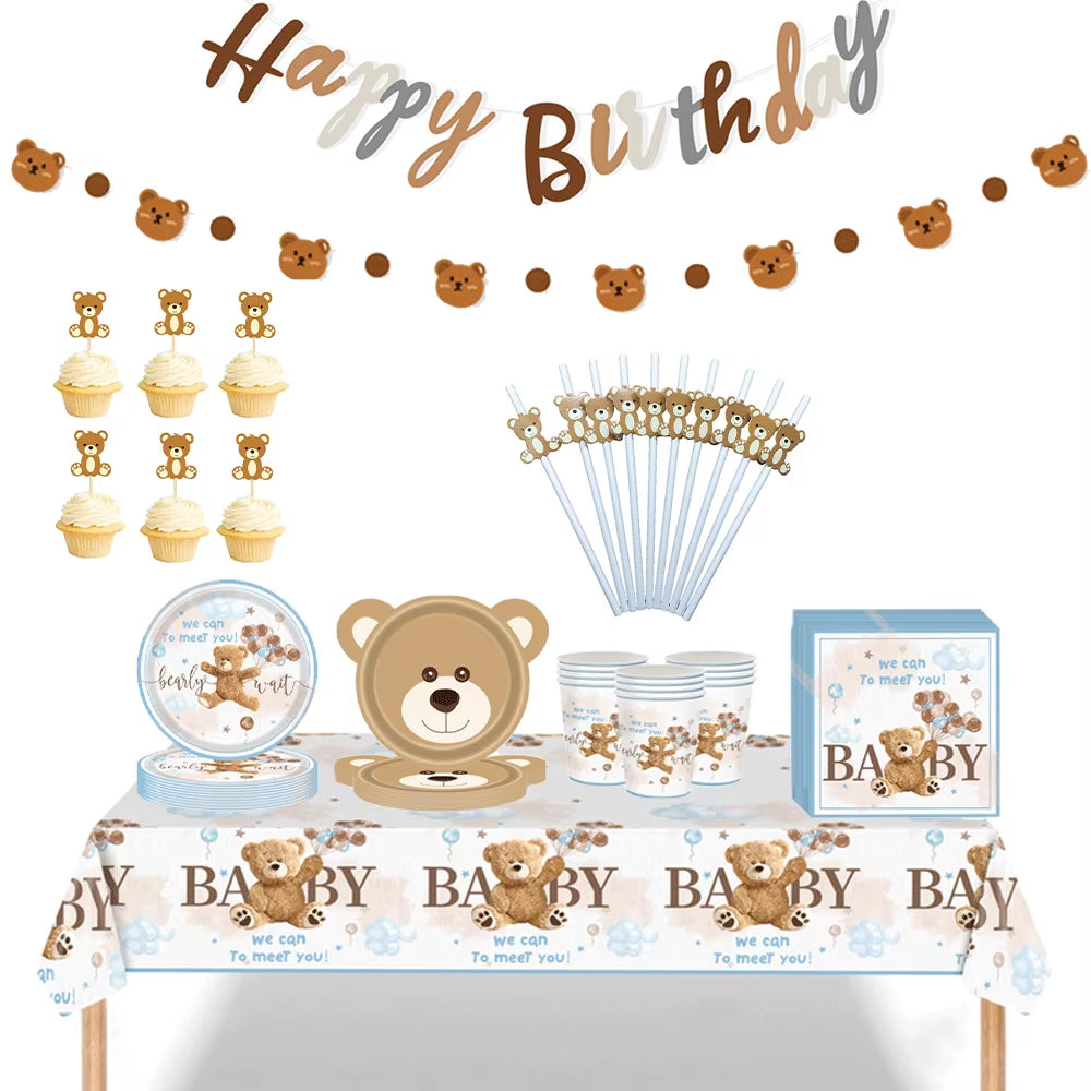 Bear Theme Disposable Tableware Cartoon Brown Bear Banner Plate Napkin Cup Tablecloth Teddy Bear Theme Birthday Party Baby Party
