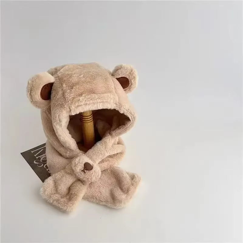 Winter Warm Furry Baby Hat with Scarf Set Cute Cartoon Bear Toddler Ear Protection Hat with Scarf Thicken Plush Warm Infant Hats