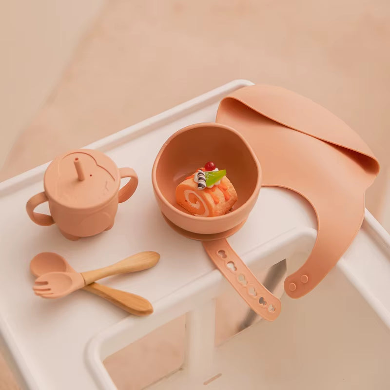5Pcs Baby Feeding Bowl Sets Kids Silicone Non-Slip Tableware Dinner Plate with Bibs Cup Spoon Fork Dinnerware for Children
