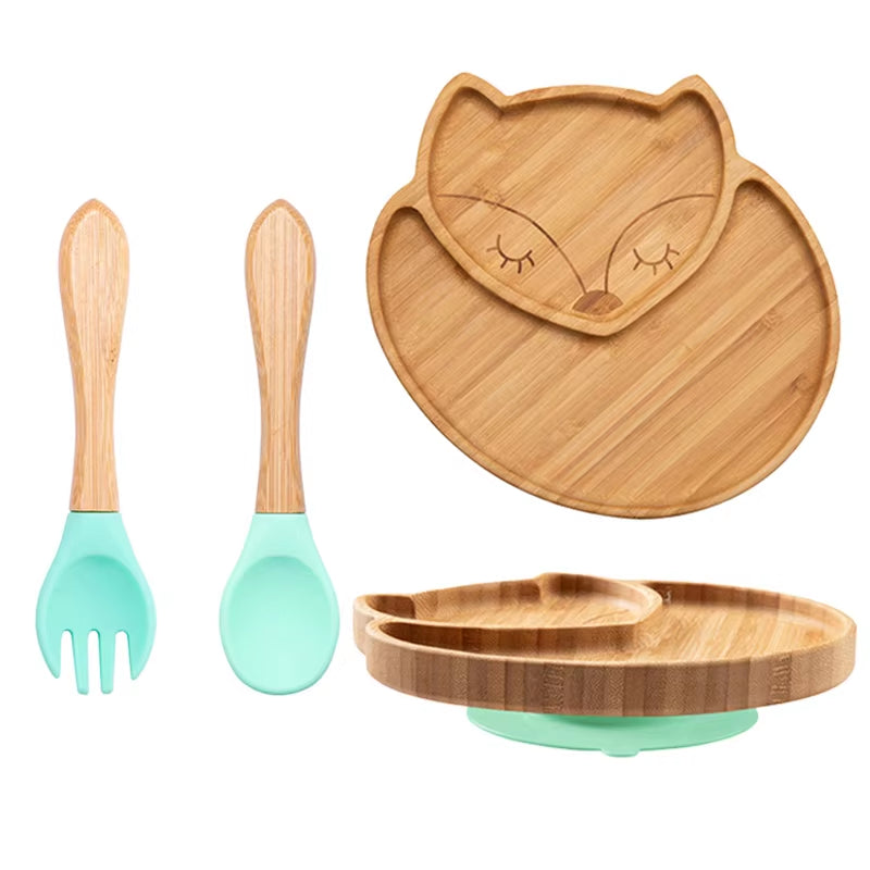 3Pcs Baby Bamboo Plate Silicone Suction Kids Wooden Feeding Tableware Non-Slip Dinnerware Baby Tableware for Baby Birthday Gift