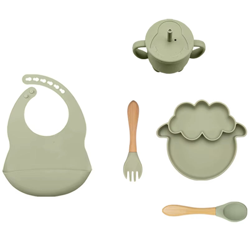 5Pcs Baby Feeding Bowl Sets Kids Silicone Non-Slip Tableware Dinner Plate with Bibs Cup Spoon Fork Dinnerware for Children