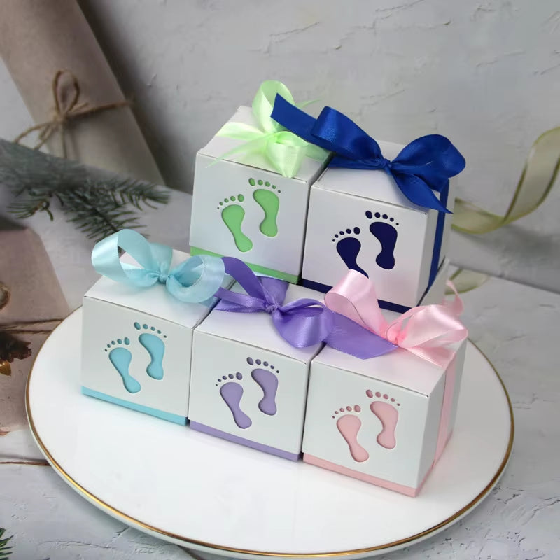 10Pcs Cute Baby Foot Footprints Candy Box with Ribbon Gift Packaging Boxes for Gender Reveal Baby Shower Birthday Party Decor