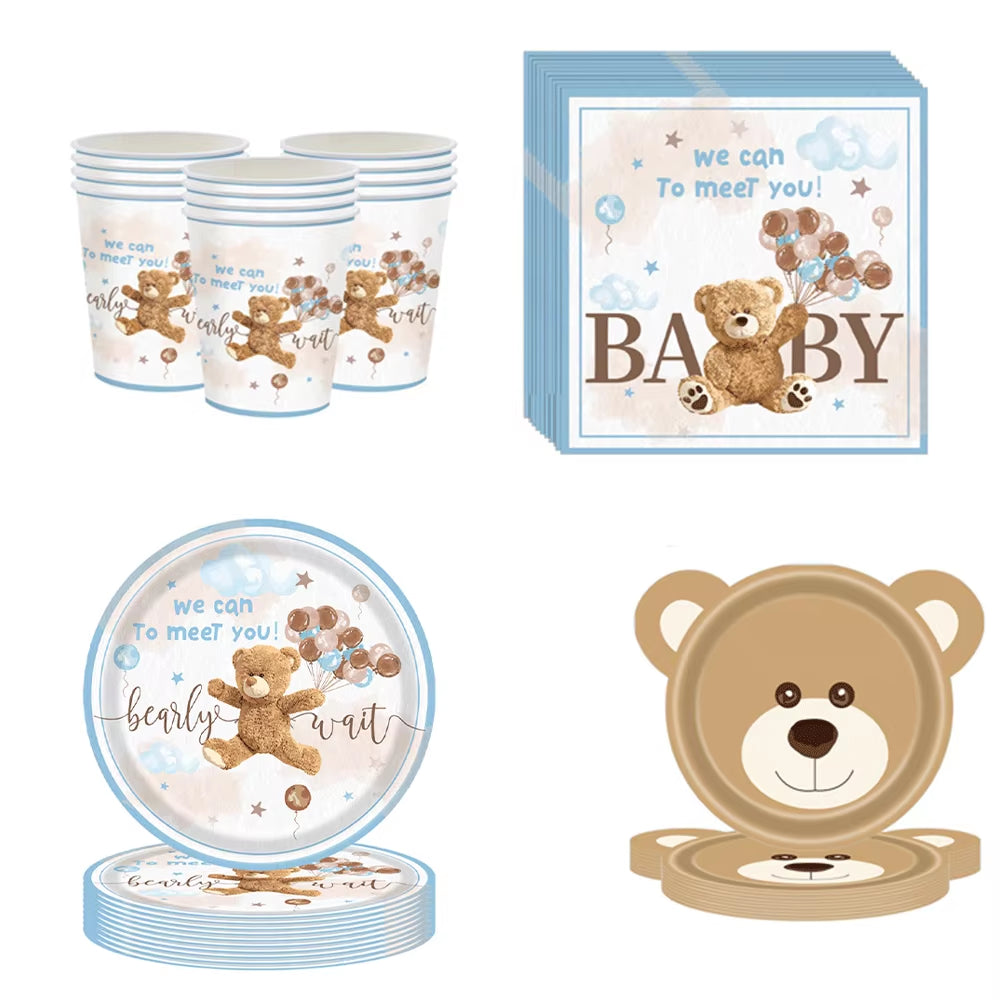 Bear Theme Disposable Tableware Cartoon Brown Bear Banner Plate Napkin Cup Tablecloth Teddy Bear Theme Birthday Party Baby Party