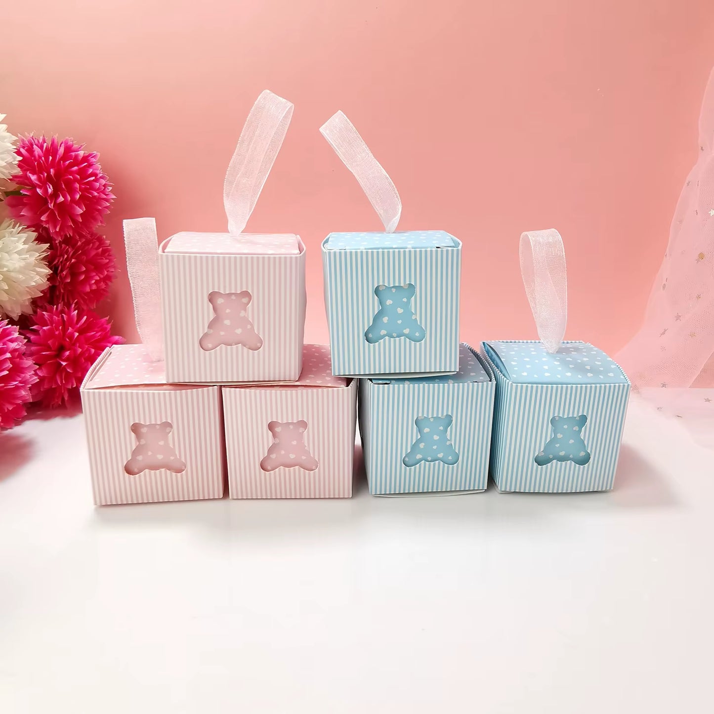 10Pcs Cute Hollow Out Bear Candy Box with Ribbons for Kids Birthday Party Favors Box Gender Reveal Baby Shower Party Decoration