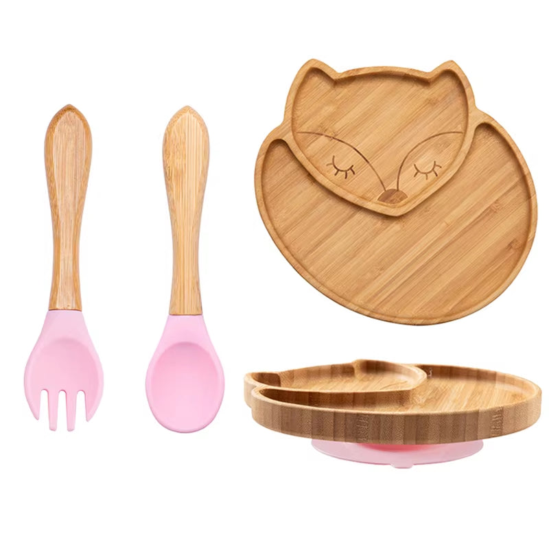 3Pcs Baby Bamboo Plate Silicone Suction Kids Wooden Feeding Tableware Non-Slip Dinnerware Baby Tableware for Baby Birthday Gift