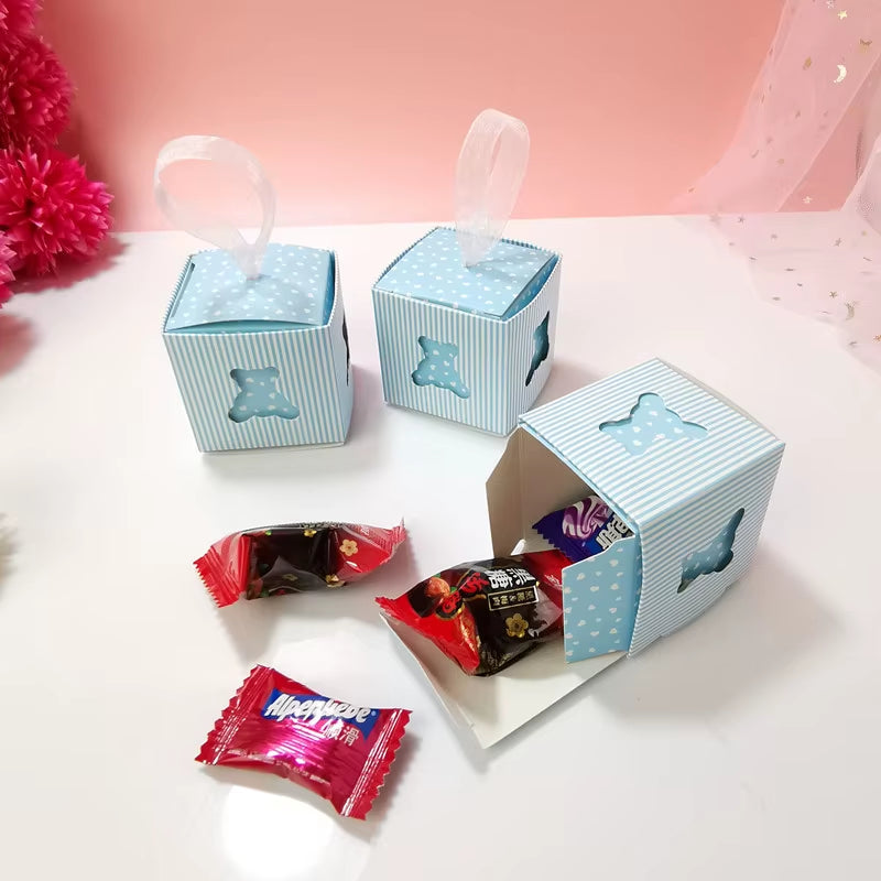 10Pcs Cute Hollow Out Bear Candy Box with Ribbons for Kids Birthday Party Favors Box Gender Reveal Baby Shower Party Decoration
