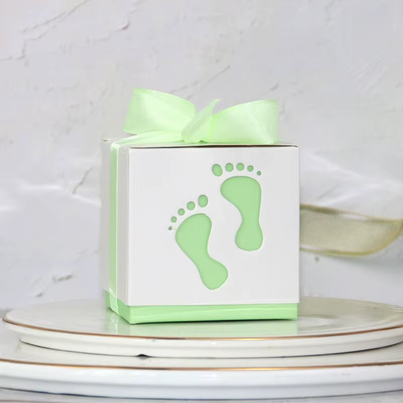 10Pcs Cute Baby Foot Footprints Candy Box with Ribbon Gift Packaging Boxes for Gender Reveal Baby Shower Birthday Party Decor