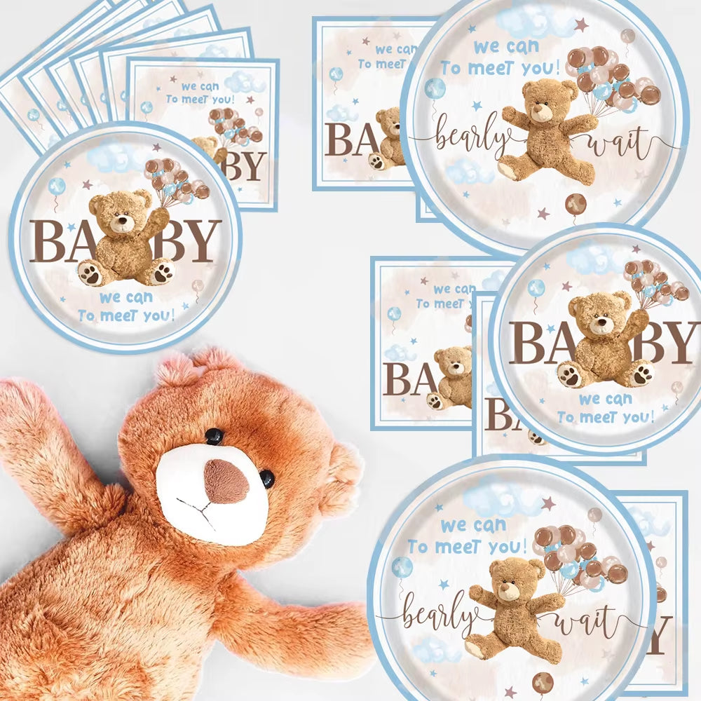 Bear Theme Disposable Tableware Cartoon Brown Bear Banner Plate Napkin Cup Tablecloth Teddy Bear Theme Birthday Party Baby Party