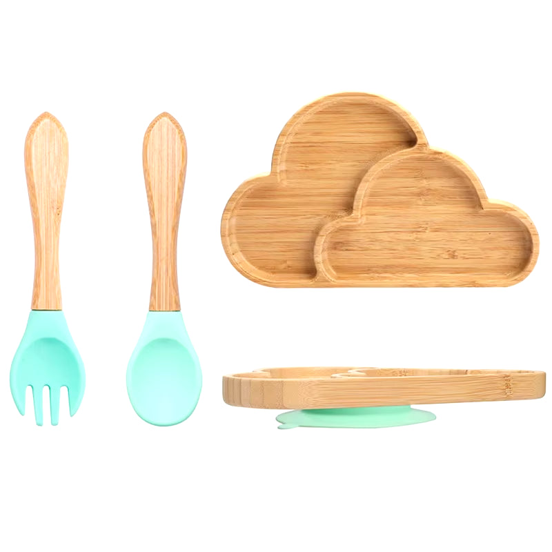 3Pcs Baby Bamboo Plate Silicone Suction Kids Wooden Feeding Tableware Non-Slip Dinnerware Baby Tableware for Baby Birthday Gift