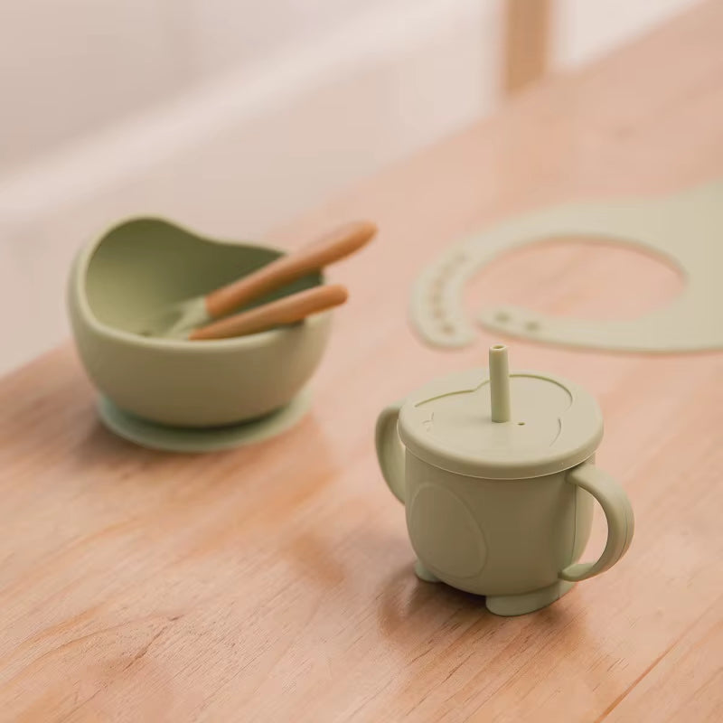 5Pcs Baby Feeding Bowl Sets Kids Silicone Non-Slip Tableware Dinner Plate with Bibs Cup Spoon Fork Dinnerware for Children