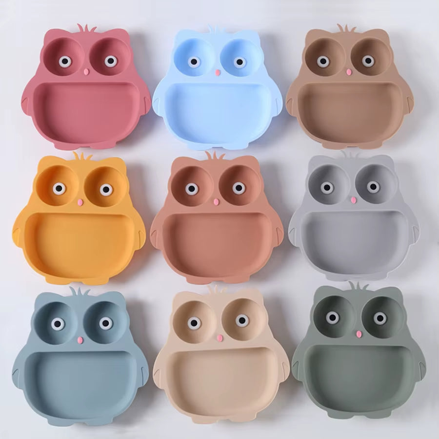 Silicone Children'S Tableware Suction Cup Cartoon Owl Plate Silicone Baby Bowls and Plates Children'S Training Eating Auxiliary