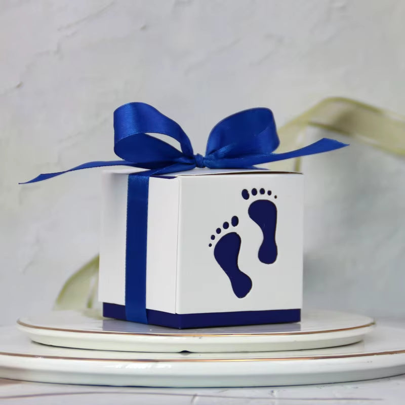 10Pcs Cute Baby Foot Footprints Candy Box with Ribbon Gift Packaging Boxes for Gender Reveal Baby Shower Birthday Party Decor