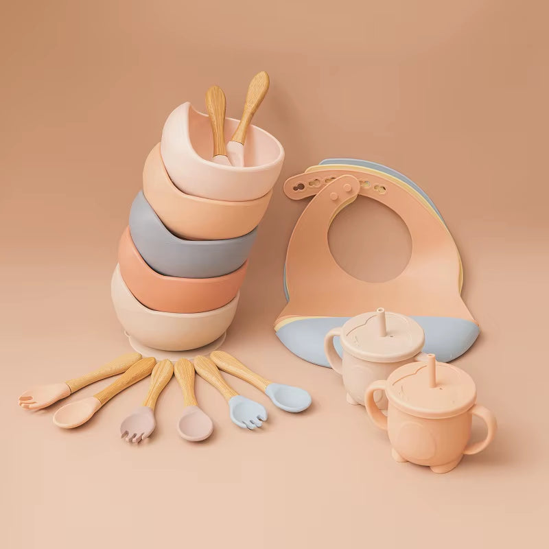 5Pcs Baby Feeding Bowl Sets Kids Silicone Non-Slip Tableware Dinner Plate with Bibs Cup Spoon Fork Dinnerware for Children